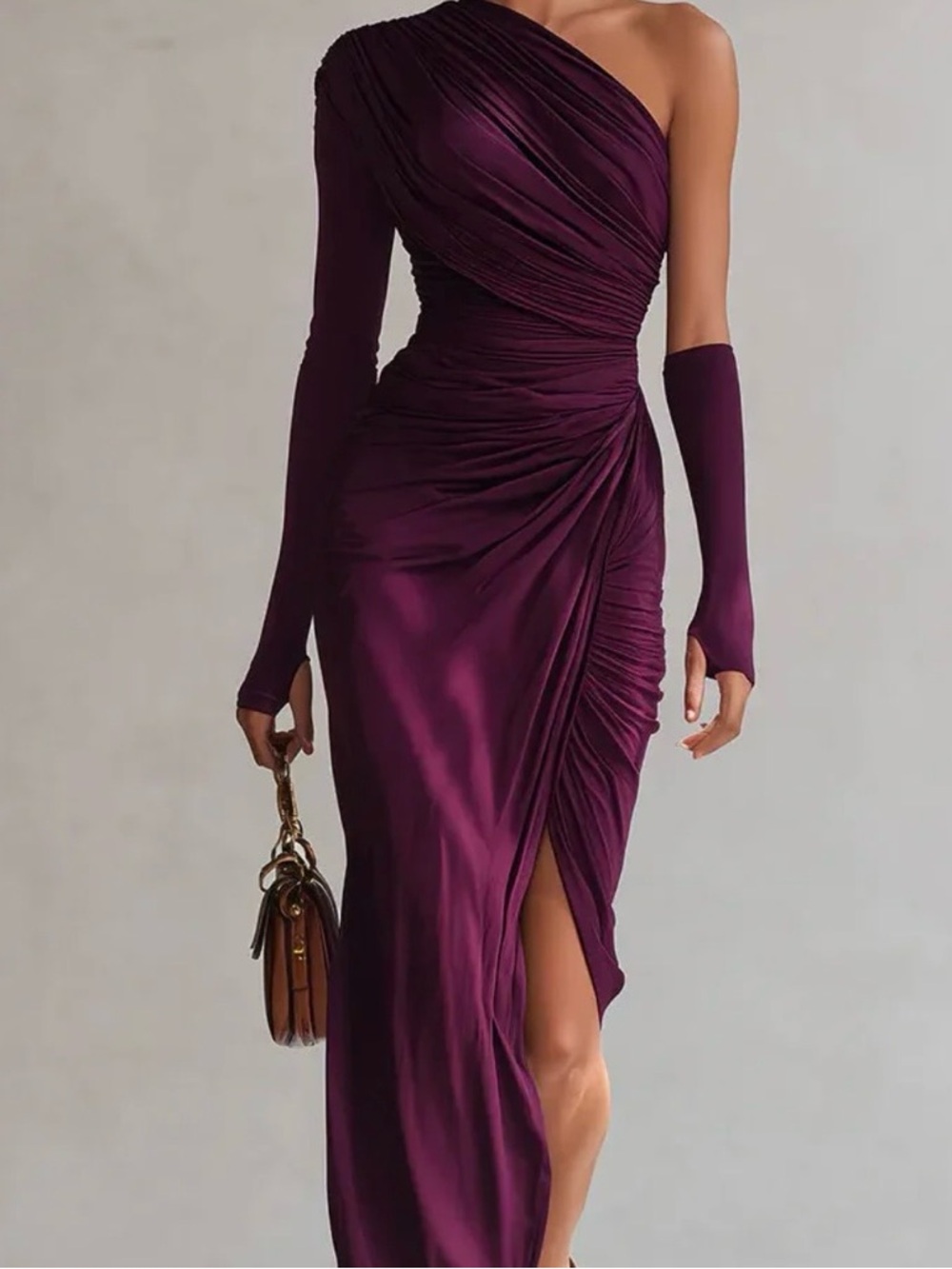 One-Shoulder Ruched Evening Gown in Deep Plum